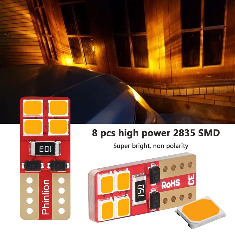 PHINLION Super Bright Miniature Wedge T10 168 194 2825 2827 12396 LED Bulbs for Car Interior Dome Map Side Marker Parking Lights, Amber Yellow (10 Pack) - Image 2